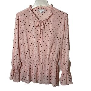 Tommy Hilfiger Pink Polka Dot Chiffon Lined Peasant Blouse Medium‎ Polyester top